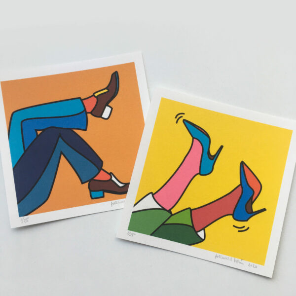 Image of two mini prints which show illustrations of two men feet in a relaxing pose and two women feet with heels up in the air.